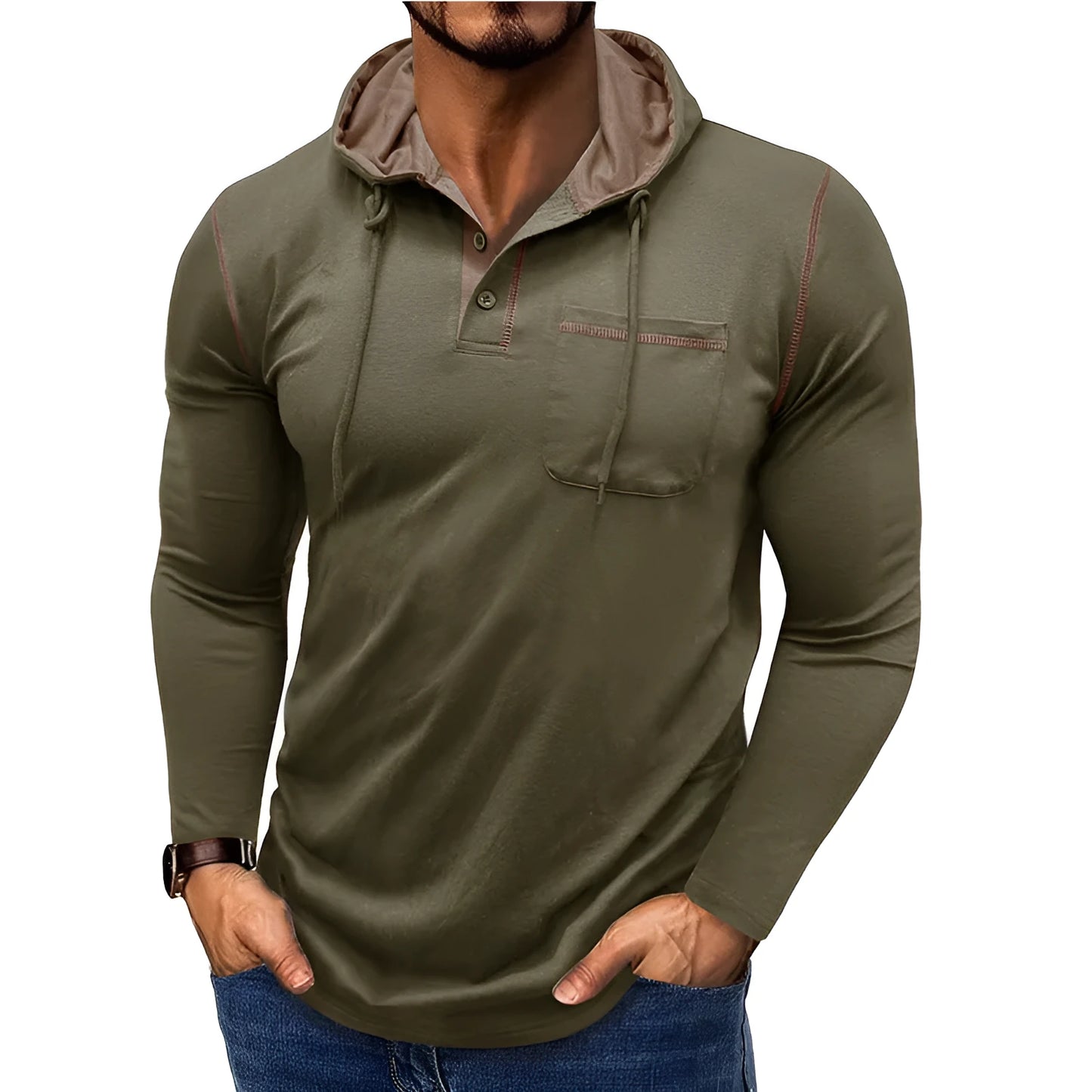 Man wearing a grey hooded henley long-sleeved t-shirt, showcasing the pullover style and cotton blend fabric.