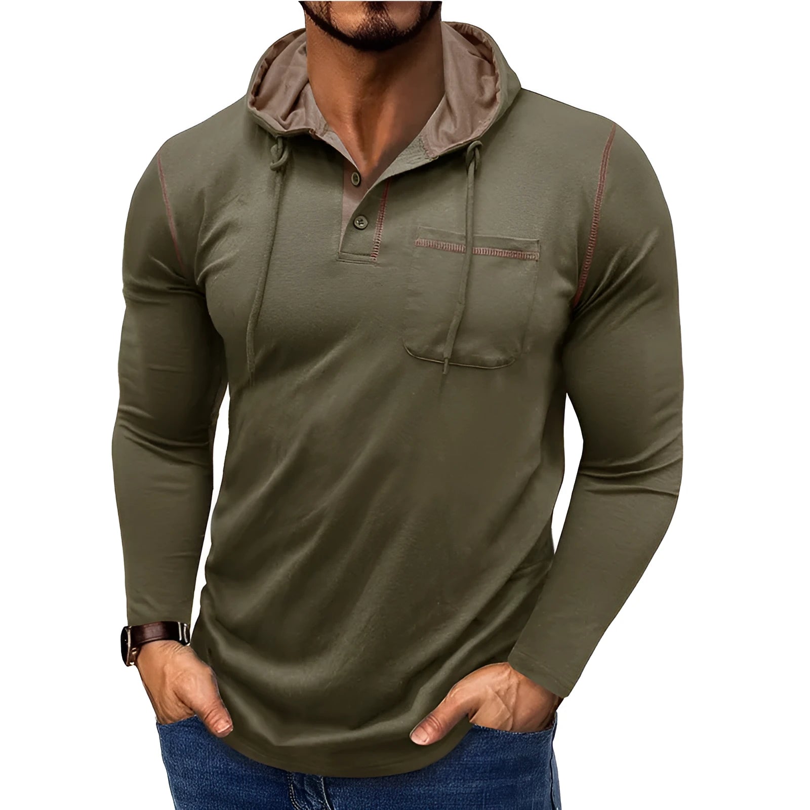 Man wearing a grey hooded henley long-sleeved t-shirt, showcasing the pullover style and cotton blend fabric.