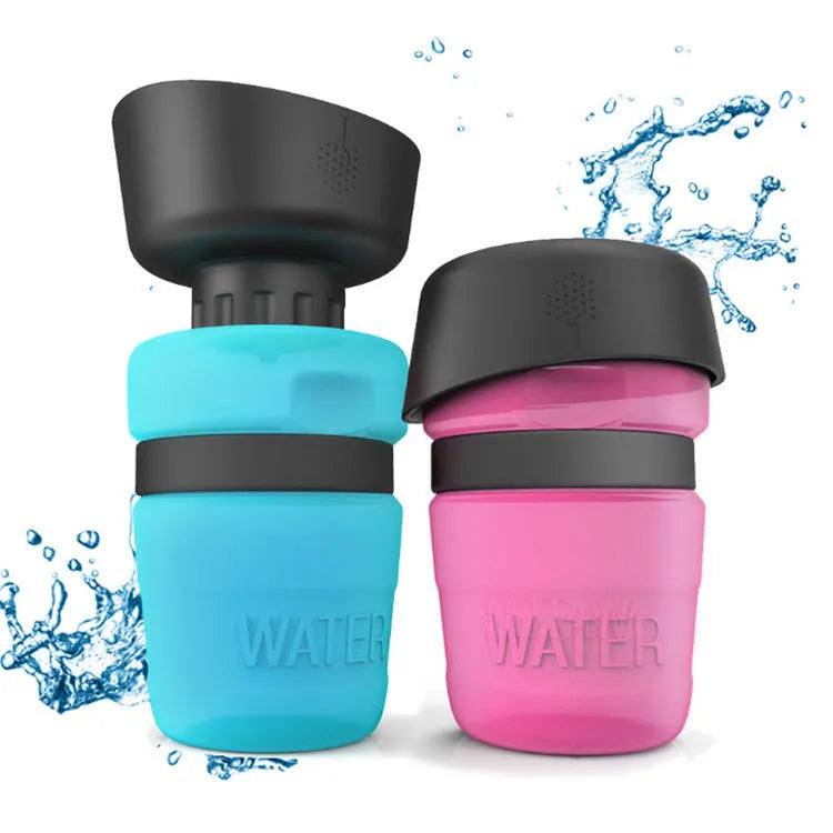Blue portable dog water bottle with 520ml capacity and integrated sink base.