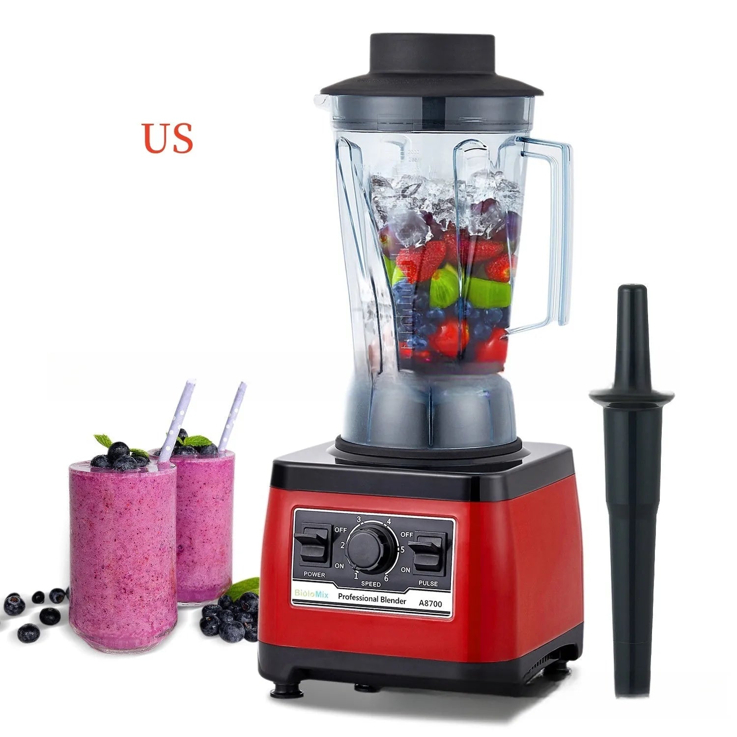 Red industrial-style commercial blender with a 2-litre jug, model A8700.