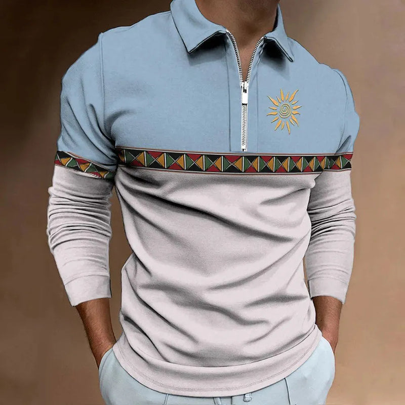Men's Long Sleeve Golf Polo Shirt Retro Colour Striped Print Casual Sports Top in Bird Eye Cloth Polyester Fabric Available in Sizes S to 5XL with Zipper Decoration Detail