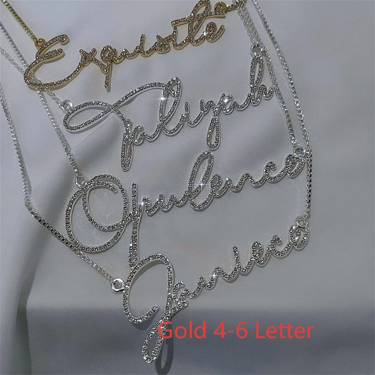 Personalised diamond-studded letter name necklace in stainless steel with silver chain
