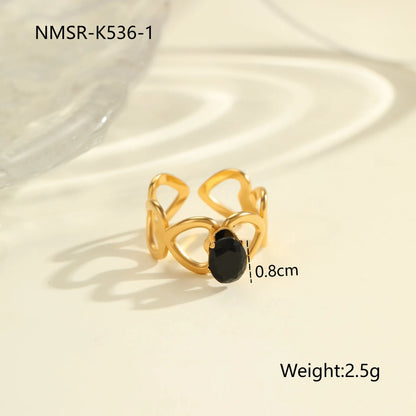 Geometric design stainless steel ring for women with inlaid zircon stones, open mouth free size