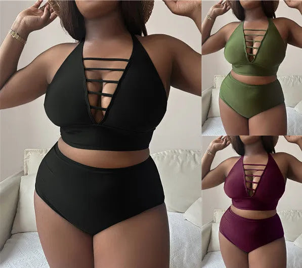 Plus size halter bikini set with adjustable straps and high-waist briefs in solid colour