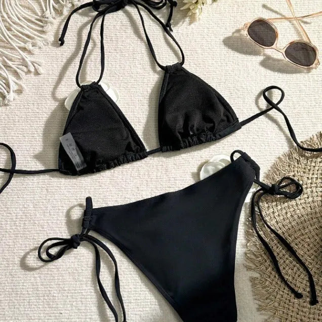 Black 3D flower lace bikini swimsuit with drawstring detailing and backless briefs design