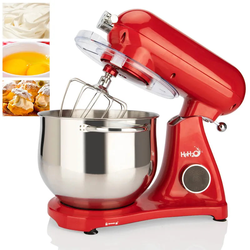 Red 1800W stand mixer with 8L stainless steel bowl, metal body, digital control, and three mixing attachments.