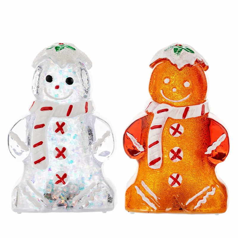 Glowing Christmas gingerbread man and snowman ornaments with LED lights in red, white, and transparent scarf variations