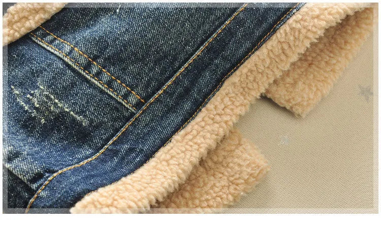 Children's denim jacket with faux fur collar, plus velvet lining, square collar, denim blue, Korean style, sizes 90-140cm
