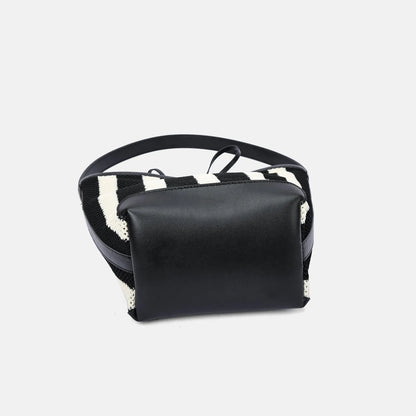 Black and white striped woven fabric women's shoulder bag with bucket shape