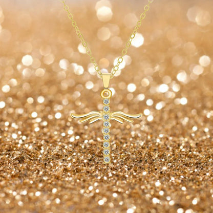 Elegant angel wings cross pendant necklace made of high-quality alloy in gold and silver tones, with adjustable chain length.