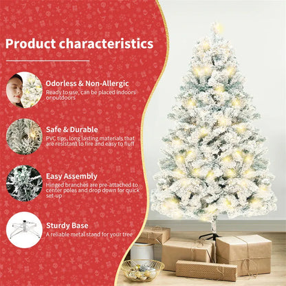 Green and white snow-dusted artificial Christmas tree on a metal stand, showing detailed PVC branches.