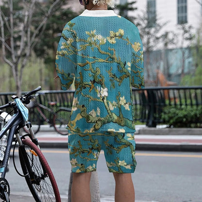 Men's peacock blue knitted shorts suit with fifth pants length and T-shirt style jacket