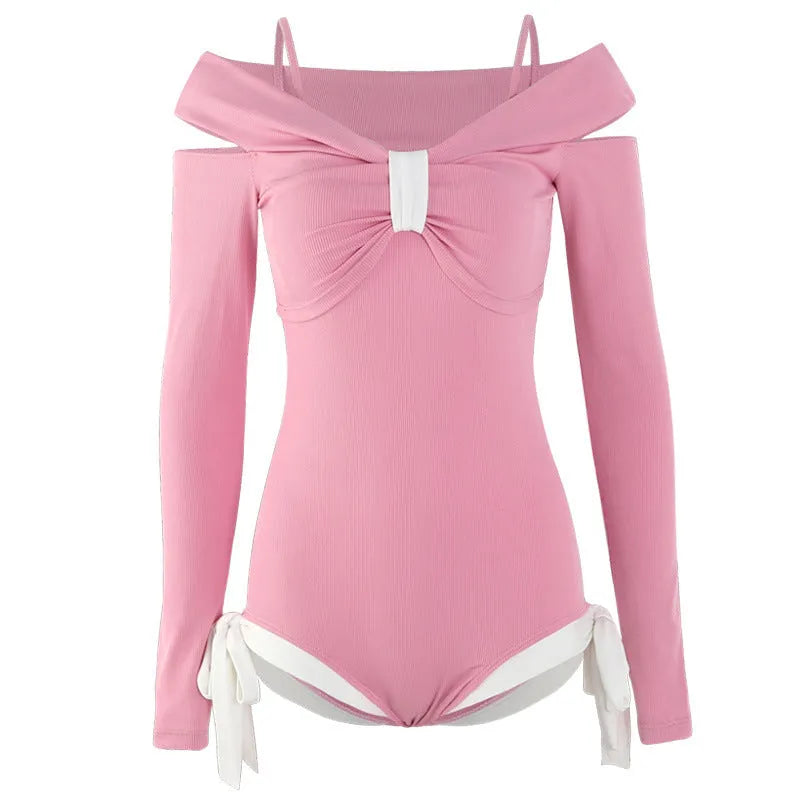 Women's long sleeve one-piece swimsuit in polyester fabric available in pink or black colours