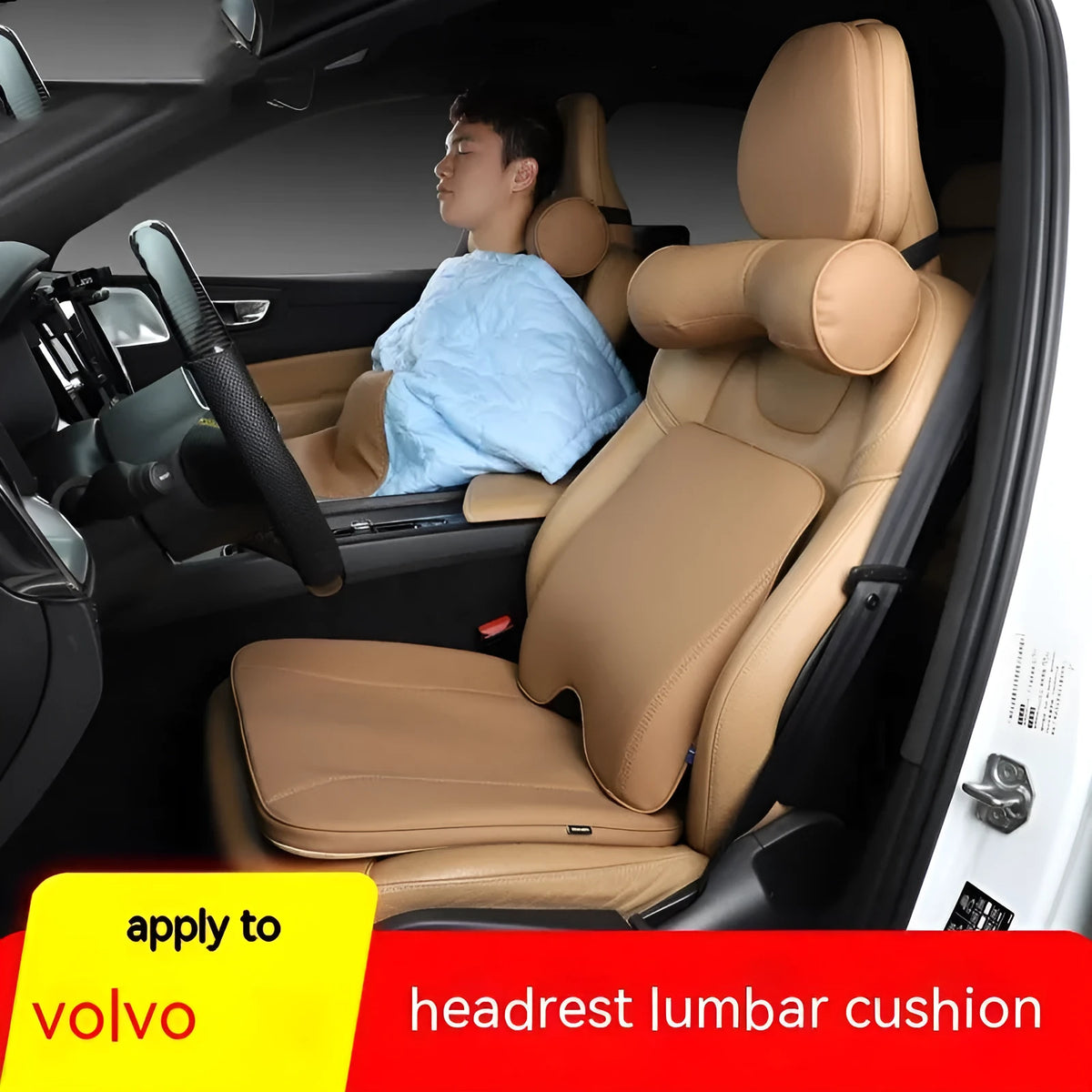 Minimalist brown car headrest pillow and lumbar seat cushion set for neck and back support