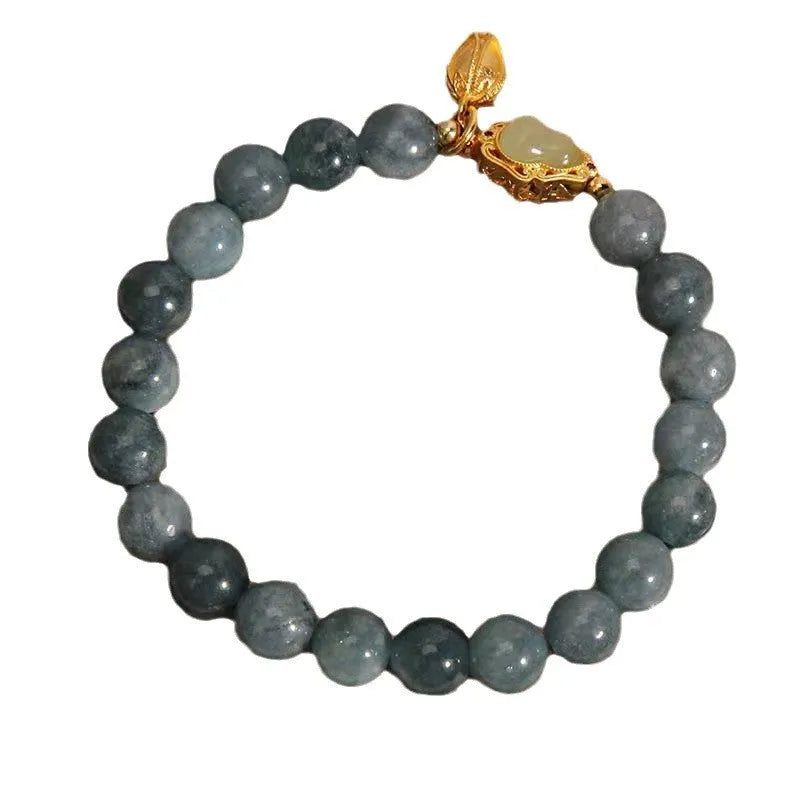 Women's natural stone bracelet with sky blue carved gourd and lotus pendant