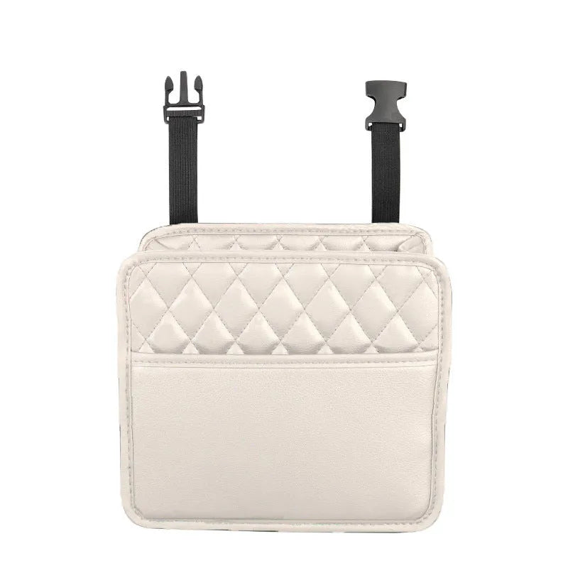 Black leather hanging storage bag for car interior organisation and trash.