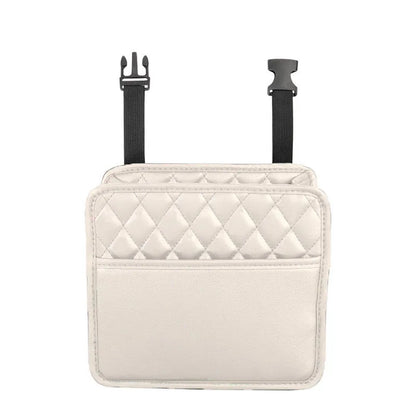 Black leather hanging storage bag for car interior organisation and trash.