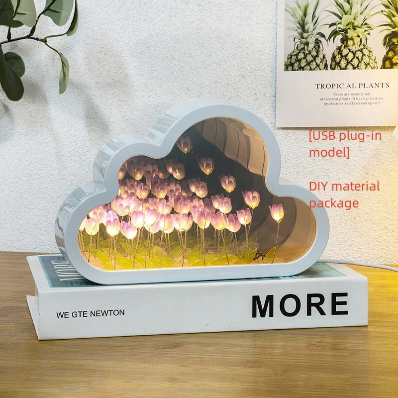 DIY Tulip Night Lamp with decorative mirrors and LED lighting in pink, purple, and blue
