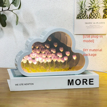 DIY Tulip Night Lamp with decorative mirrors and LED lighting in pink, purple, and blue