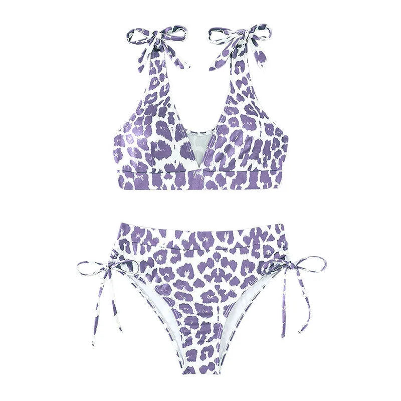 Women's purple leopard print lace-up high waist suit with sleeveless top and matching shorts