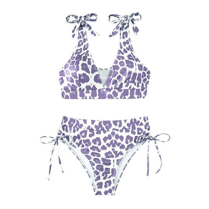 Women's purple leopard print lace-up high waist suit with sleeveless top and matching shorts
