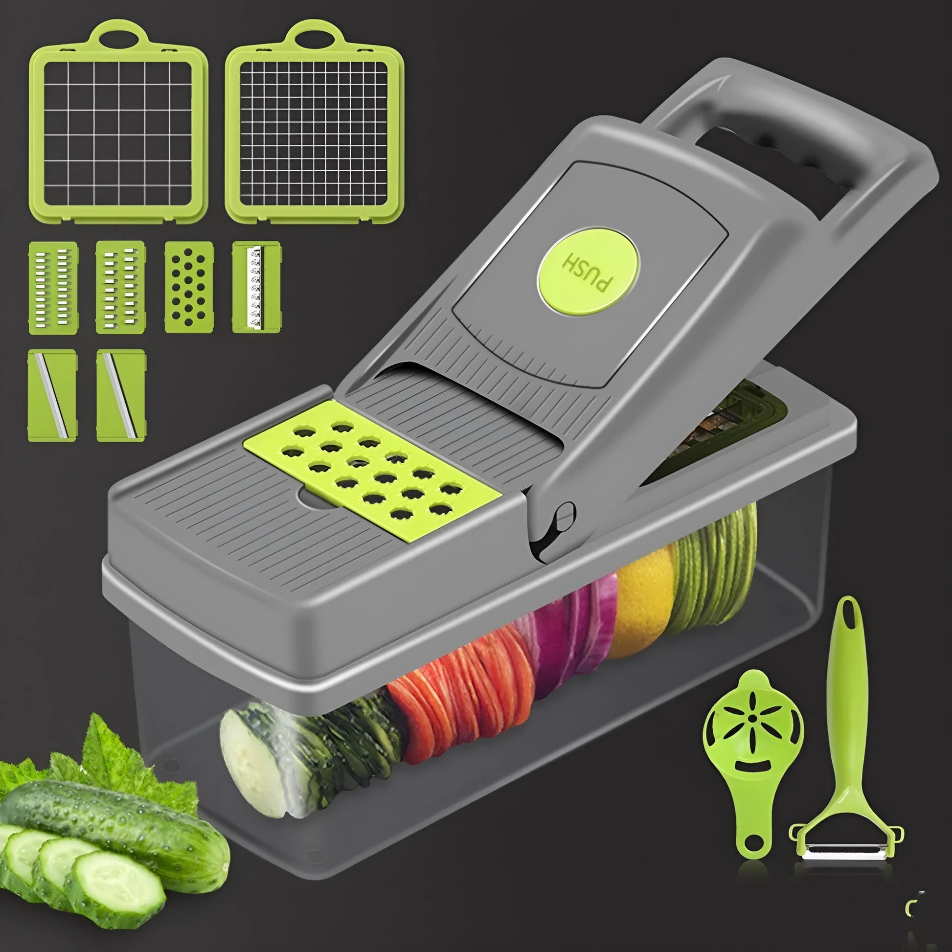 Grey stainless steel manual vegetable cutter with set of eight blades and egg separator attachment