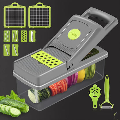 Grey stainless steel manual vegetable cutter with set of eight blades and egg separator attachment
