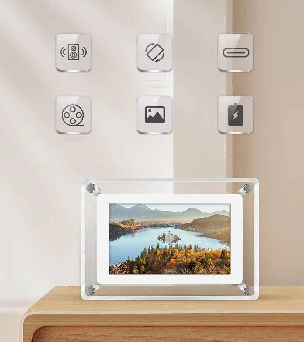 Transparent 5-inch acrylic digital photo frame with anti-dumping bracket on rear