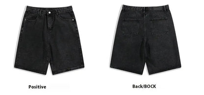 Men's straight-leg denim shorts in light blue with five-pocket design and zipper fly