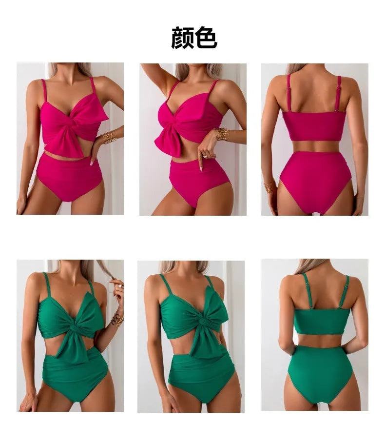 Women's big bow print bikini swim trunks set in nylon fabric available in multiple colours
