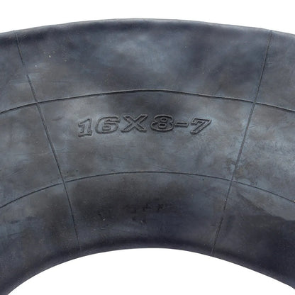 Set of two black 16x8.00-7 inner tubes with TR13 straight valve stems and dust caps for ATV and mower tyres.