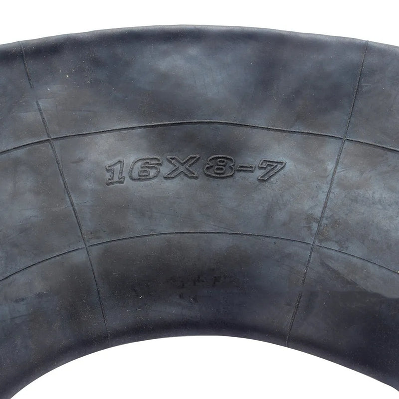 Replacement set of 2 ATV, lawn mower, and golf cart inner tubes in 16x8.00-7 size with TR13 straight valve stems and heavy-duty rubber construction for shock absorption on trailers, tractors, and wheelbarrows.