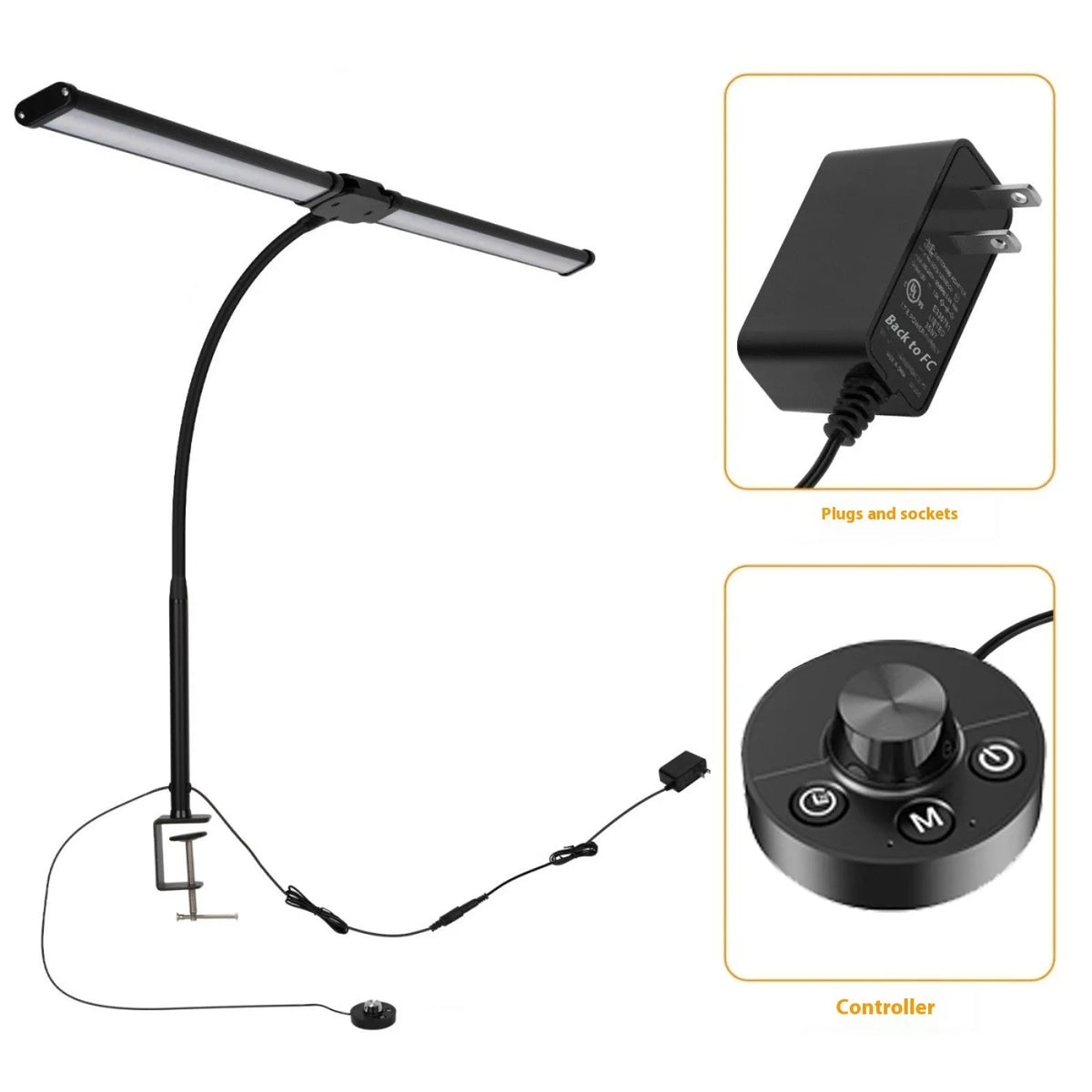 Black LED double-headed gooseneck table lamp with knob remote control, 62cm to 76cm, modern desk lamp