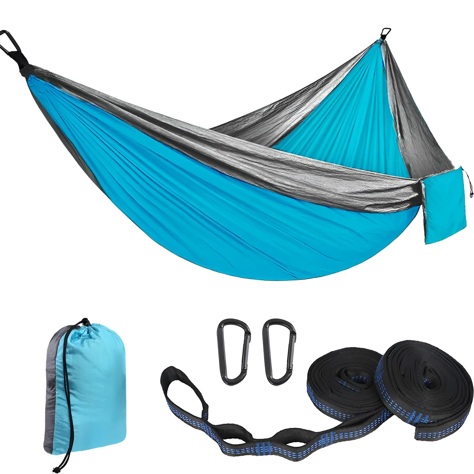 Parachute cloth double camping hammock in chosen colour, with black buckles and round ropes on a tree.