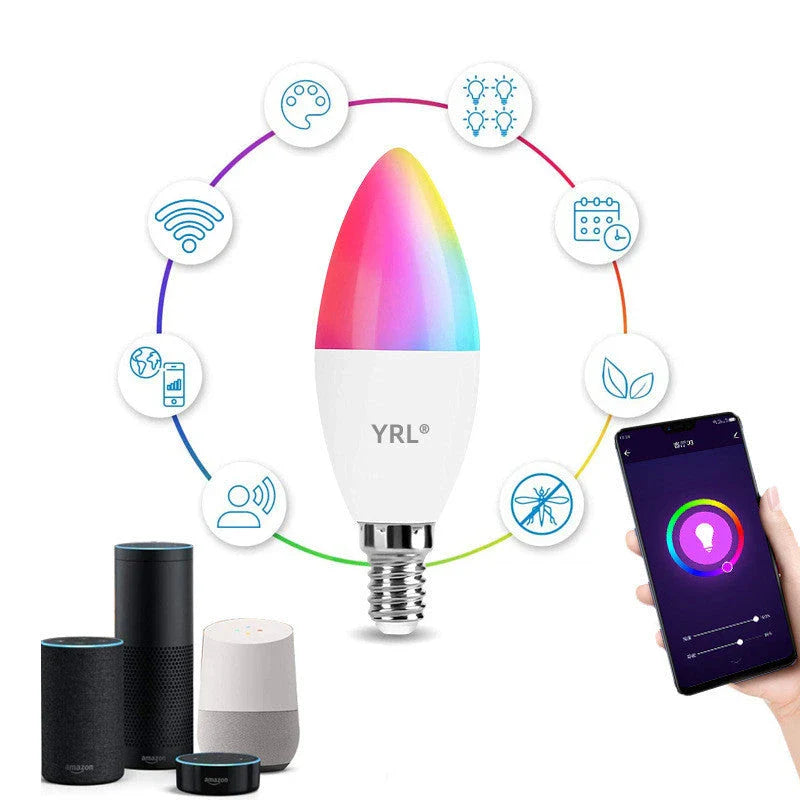 Dimmable RGB LED smart light bulb with voice control and 16 million colour options for home decor