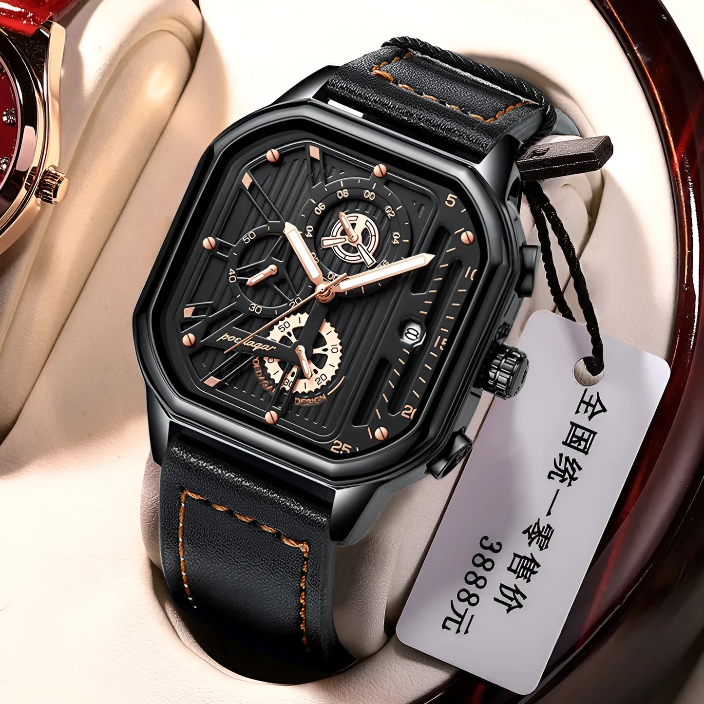 Men's black and gold belt-style quartz sports watch on wrist, 8mm thick case.