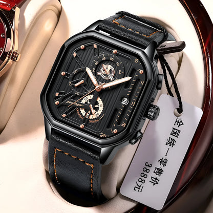 Men's black and gold belt-style quartz sports watch on wrist, 8mm thick case.