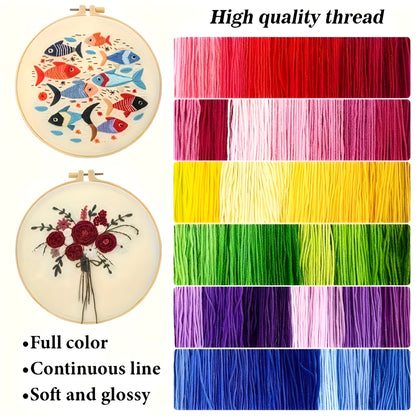 Embroidery kit with sunflower, egg and flower design in colourful embroidery suit colour scheme