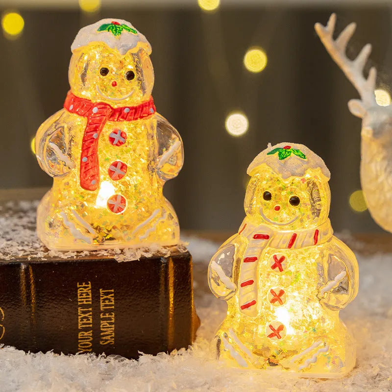 Glowing Christmas gingerbread man and snowman ornaments with LED lights in red, white, and transparent scarf variations