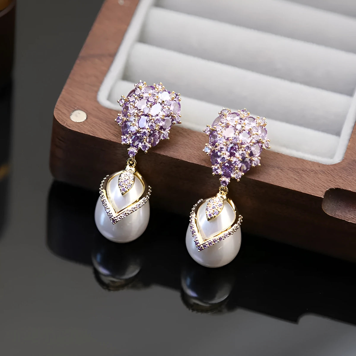 Women's drop pearl earrings with zircon inlay on 18K gold-plated copper setting
