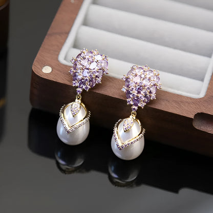 Women's drop pearl earrings with zircon inlay on 18K gold-plated copper setting