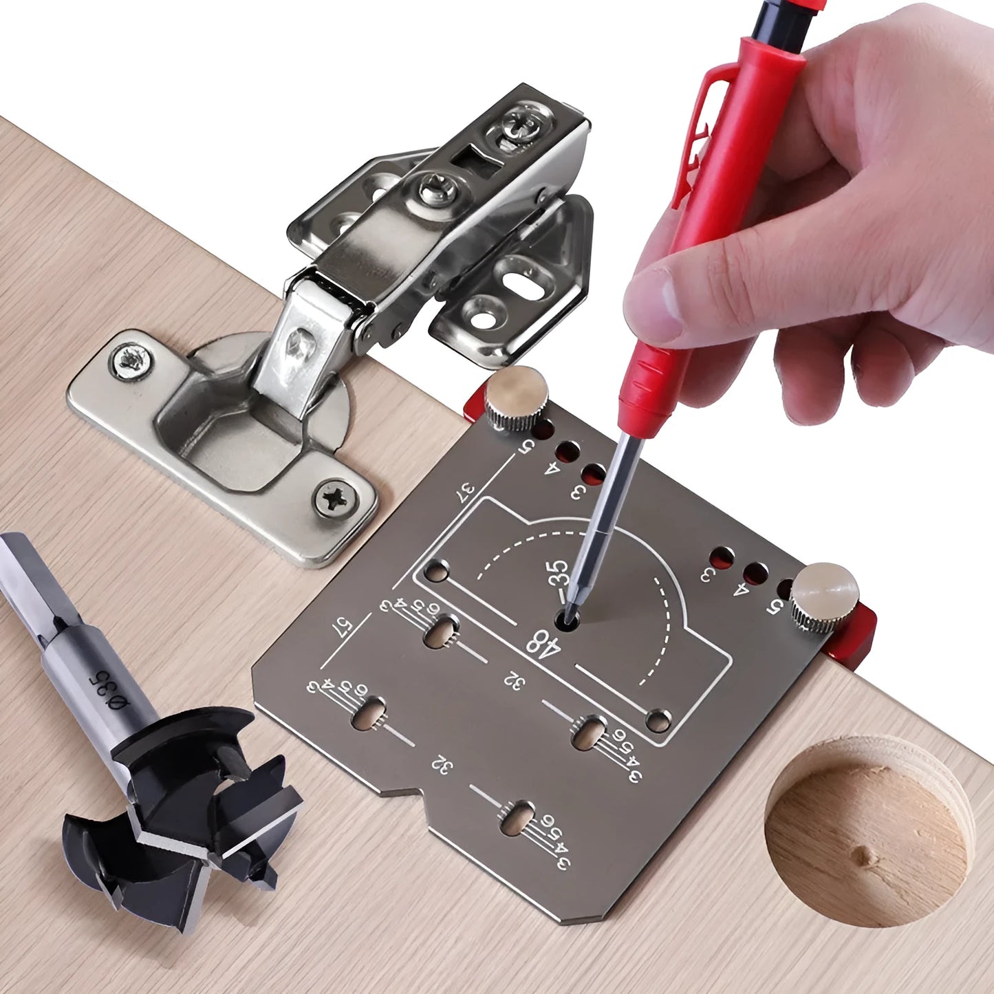 35mm hinge punch locator tool with adjustable margin marks for cabinet installation