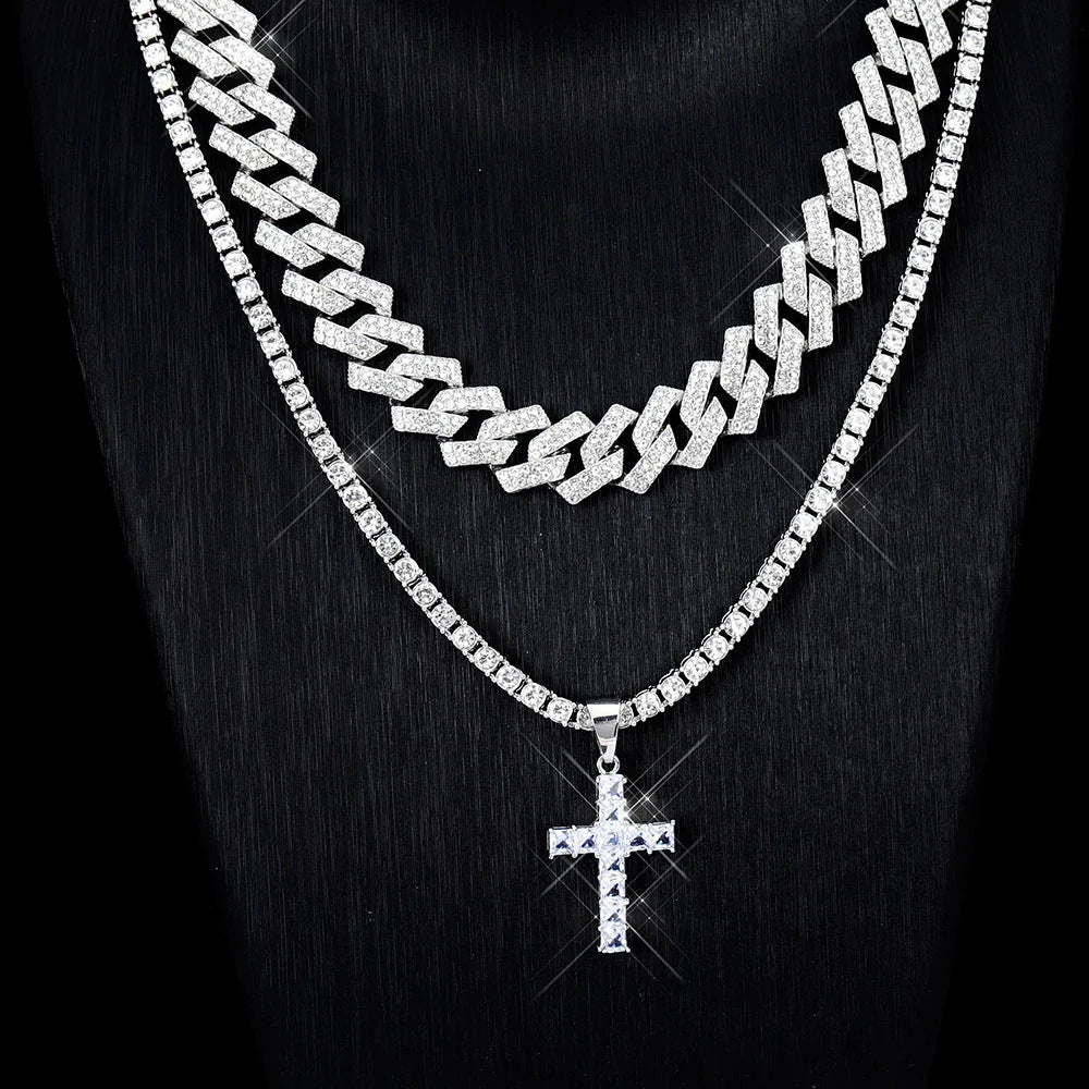 Zircon Cross Pendant Necklace with Cuban Chain in gold and silver options