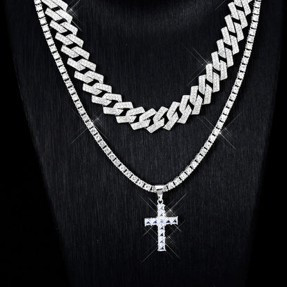 Zircon Cross Pendant Necklace with Cuban Chain in gold and silver options