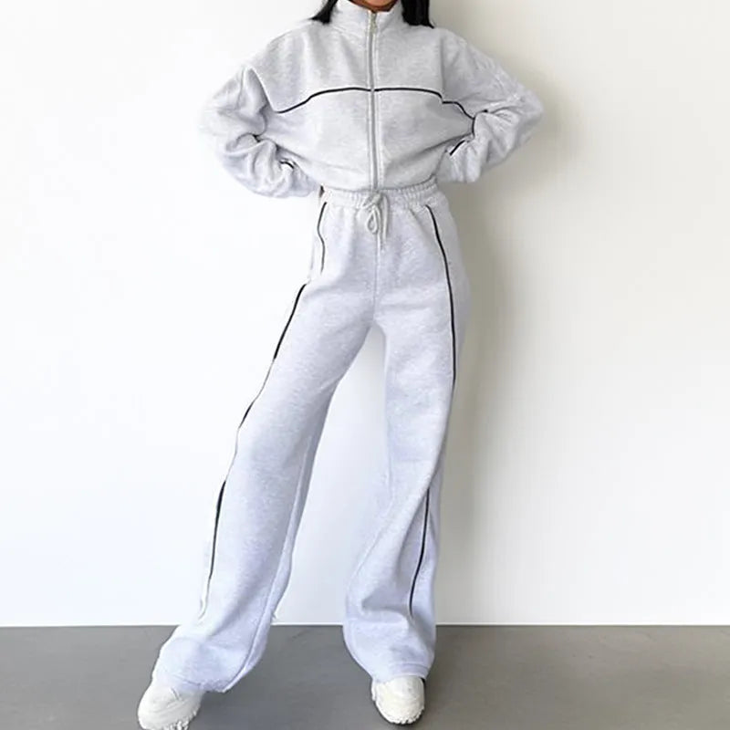 Women's casual suit with long sleeve mock neck hoodie and striped lace-up trousers in apricot colour
