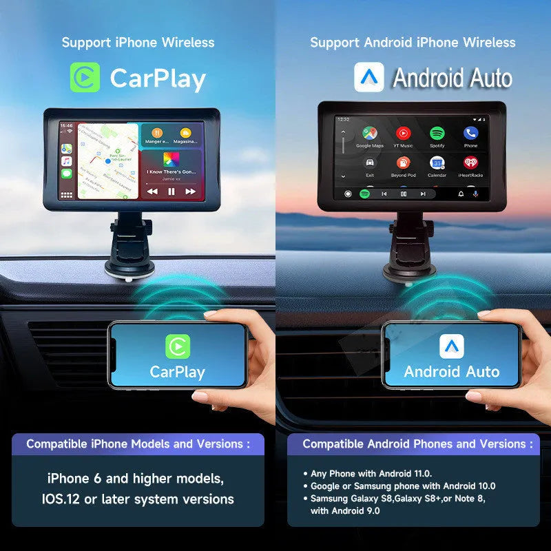 7-inch IPS car smart screen with wireless CarPlay and Android Auto on retractable bracket