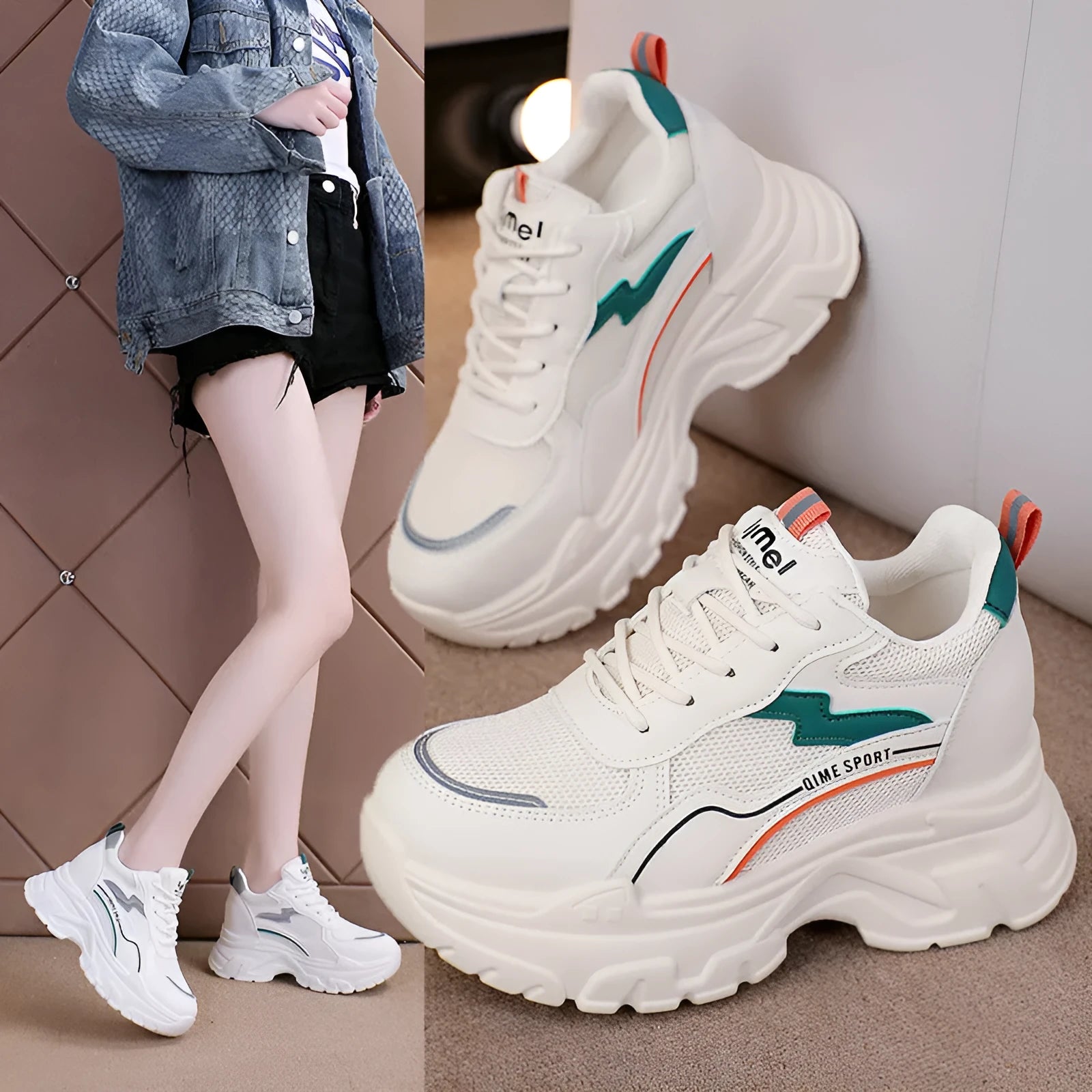 White women's dad sports trainers with cross straps and a lace-up front on a rubber sole.