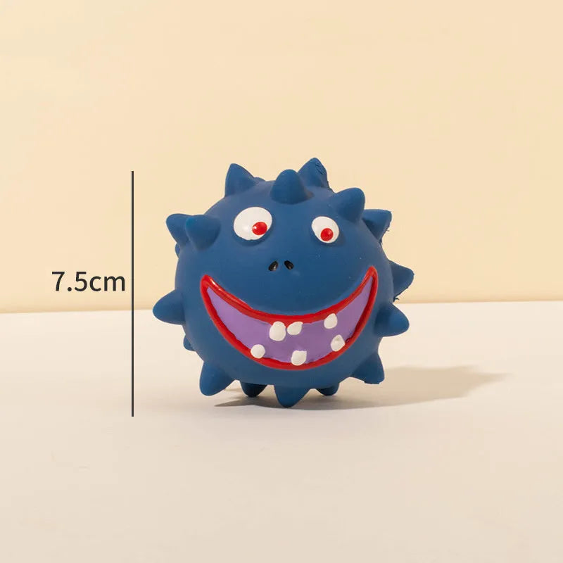 Four natural latex dog squeaky toys with bumpy surfaces and cute faces in blue, green, red, and yellow colours