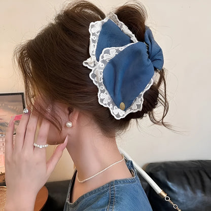 Women's handmade hair clip with denim fabric bow triangle decoration and plastic grip