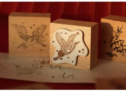 Mr. Paper wooden seal stamp with hand-carved rubber crane design for DIY printing